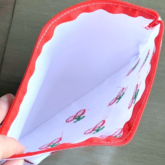 White Cotton Embroidered Red Cherry Cherries Zippered Pouch Cosmetic Travel Bag - Picture 7 of 7